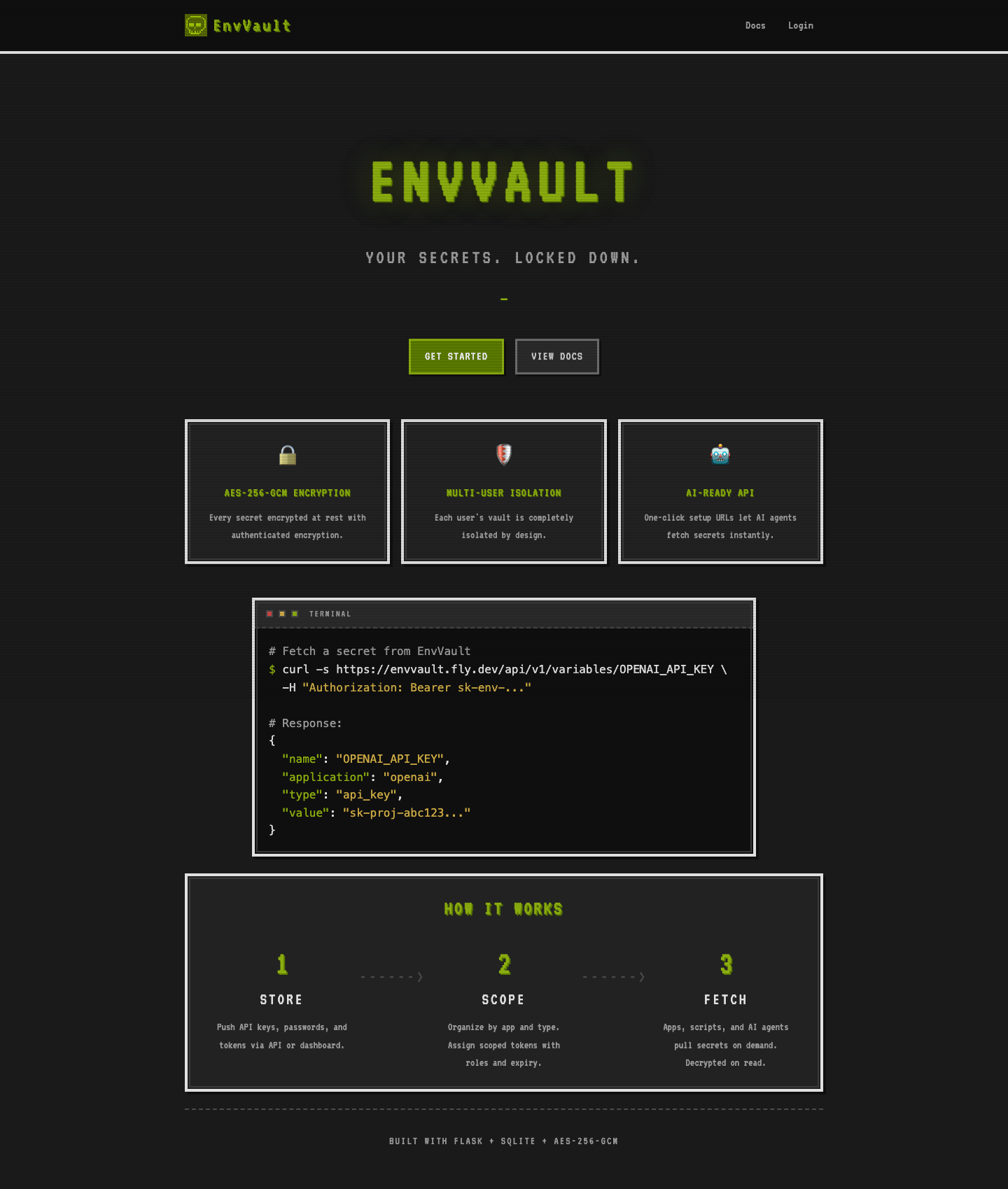 envvault homepage screenshot